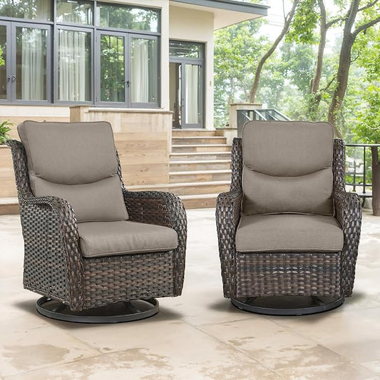 Swivel Patio Chairs Set of 2 with 5" Thick Cushion - Wicker Outdoor Swivel Rocker Patio Chairs, High Back Comfortable Outdoor Glider Chair for Balcony, Porch, Deck, Poolside - Brown/Gray