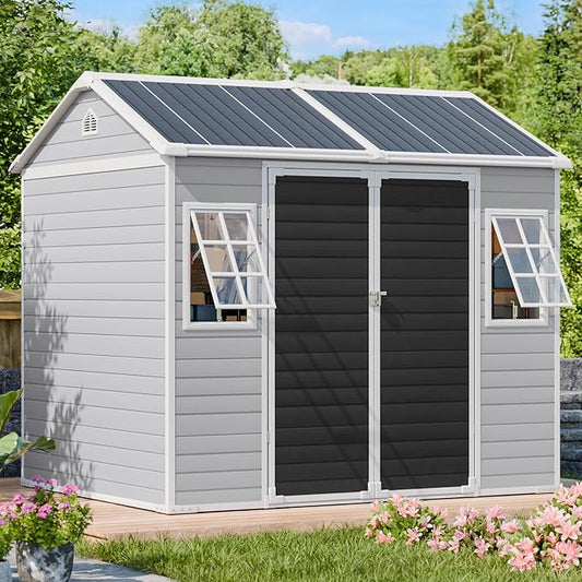 6x8 FT Plastic Storage Sheds Outdoor with Floor and Openable Window, Utility All-Weather Resin Shed Easy to Install, Large Sheds & Outdoor Storage/Tool Shed for Garden & Backyard, Gray