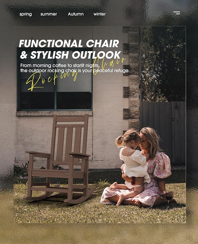 KINGYES Outdoor Rocking Chair Set of 4, All-Weather Patio Rocking Chairs for Porch, HDPE Rocking Outdoor Chairs with High Back for Adult, Heavy Duty Outdoor Patio Rockers for Garden, Lawn, Brown