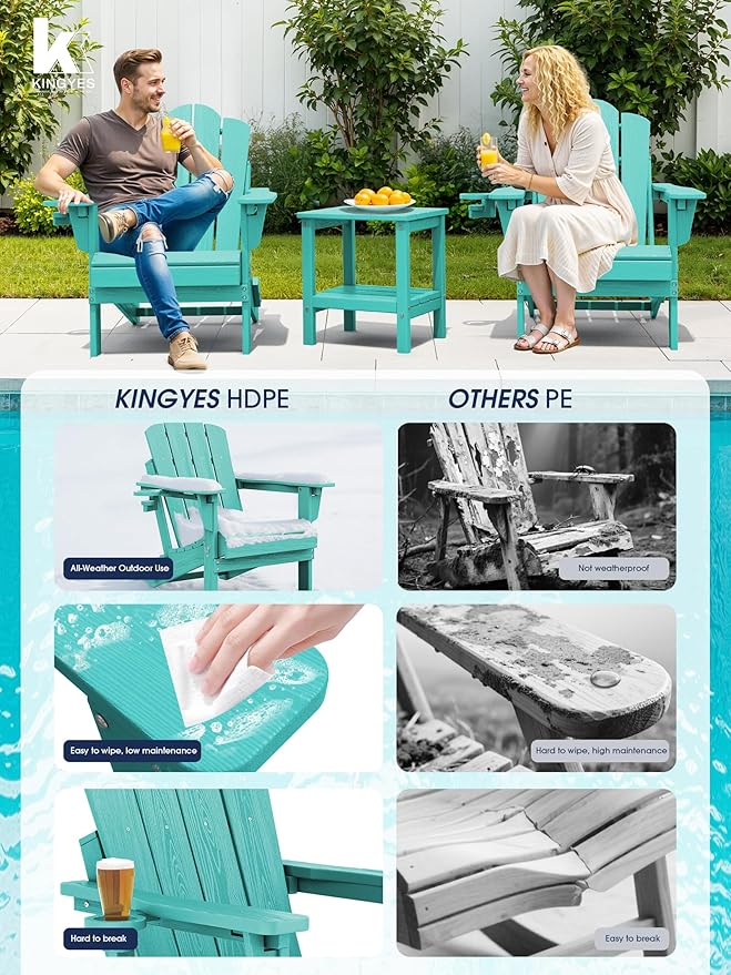KINGYES Adjustable Folding Adirondack Chair Set of 4, 3-Position Reclining Adirondack Chairs with Cup Holder, HDPE All-Weather Oversized Adirondack for Outdoor, Patio, Deck, Fire Pit, Aruba Blue