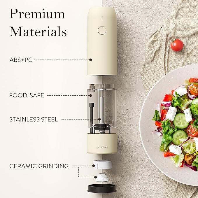 Ultrean Electric Pepper Grinder, Rechargeable Salt and Pepper Grinder with 6 Adjustable Coarseness, LED Light, One-Hand Automatic Operation, Cream