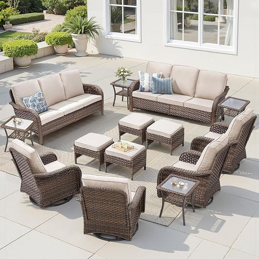 Patio Furniture Set-14 Pieces All-Weather Outdoor Fueniture Set with High Back Outdoor Swivel Rocking Chairs Patio Conversation Sets for Garden Porch Deck Brown/Beige