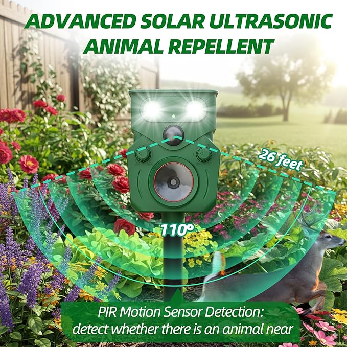2025 Upgraded Solar Powered Animal Repeller 2 Packs, Ultrasonic Solar Powered Deer Repellent for Outdoor Yard Lawn Repel Squirrel Raccoon Cat Deterrent with Motion Sensor & Flashing Light (2, Green)