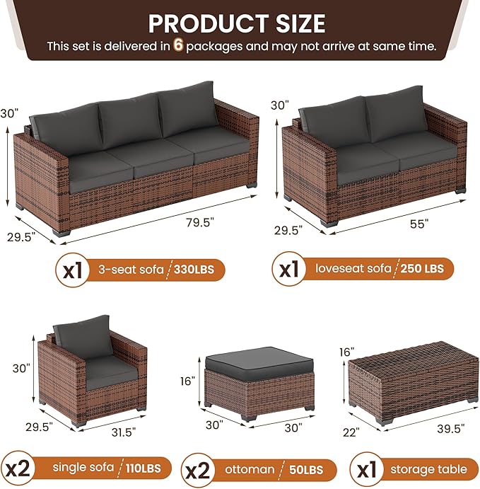 UDPATIO Patio Furniture Set with Storage Coffee Table, 7 Pieces Outdoor Furniture Sets, Wicker Rattan Patio Conversation Sets with Ottoman and Waterproof Covers for Porch Deck Backyard, Grey