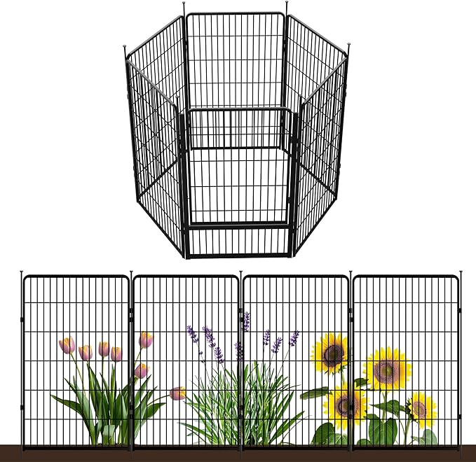 SunsGrove Tall Garden Fence with Gate, 45 in(H) x 26.8 ft(L) 12 Panels Heavy Duty Metal Animal Barrier Fence for Yard, Suitable for Indoor or Outdoor Dog Pet Fence, Garden Fence Border, Black