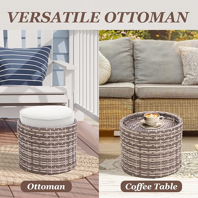 COOS BAY Sand Dune 5 Piece Wicker Patio Furniture Set, Rattan Outdoor Furniture with Nesting Tables, Chairs, Loveseat, Coffee Tables, and Ottoman, Brown/Beige