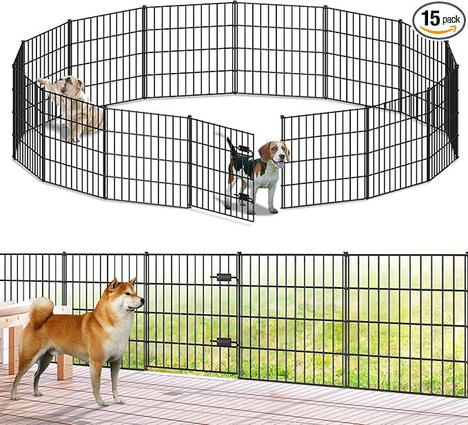 Metal Garden Fence 28in (H) x 35ft (L), 1 Gate + 14 Panels Dog Fences Border Fence Animal Barrier, No Dig Garden Fencing for Yard Flower Bed Lawn Patio Outdoor, PIN282815G Black