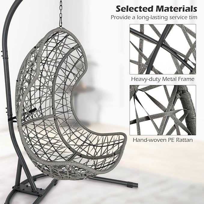 Giantex Egg Chair Outdoor Indoor - Hammock Chair with Stand, Pillow, Cushion, Hanging Accessories, PE Rattan Hanging Basket Chair for Living Room, Bedroom, 350 LBS Capacity Patio Swing Chair, Grey