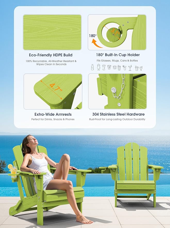 KINGYES Adjustable Folding Adirondack Chair Set of 2, 3-Position Reclining Adirondack Chairs with Cup Holder, HDPE All-Weather Oversized Adirondack for Outdoor, Patio, Deck, Fire Pit, Apple Green