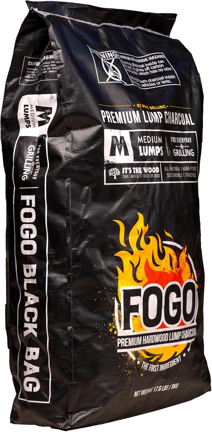 FOGO Premium Hardwood Lump Charcoal, Natural, Medium and Small Sized Lump Charcoal for Grilling and Smoking, Restaurant Quality, 17.6 Pound Bag, 2-Pack