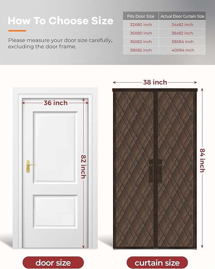 Magnetic Thermal Insulated Door Curtain, Fit Size up to 36 x 82 Inches, Thermal Door Curtain Filled with Thick Cotton to Keep Warm Winter, Doorway/Front/Back/Basement, Brown, Diamond