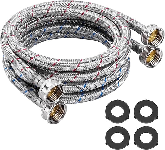 6FT Stainless Steel Washing Machine Hoses 3/4" NPT Connection Red and Blue Braid Water Supply Lines by Fetechmate Hot and Cold Premium Washer Hoses (2 Pack) - 10 YEAR WARRANTY