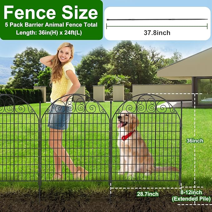 5 Panels No Dig Decorative Garden Fence with Gate, 36 in(H) X 12ft(L) Outdoor Dog Fence Animal Barrier, Rustproof Metal Wire Tall Garden Fencing for Dogs, Rabbits, and Yard Patio Temporary