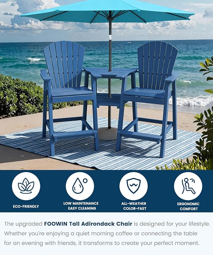 FOOWIN Tall Adirondack Chair Set of 8, All Weather HDPE Bar Height Adirondack Chair with Double Connecting Trays, Adirondack Barstools for Balcony, Deck, Backyard, Patio, Garden Navy Blue