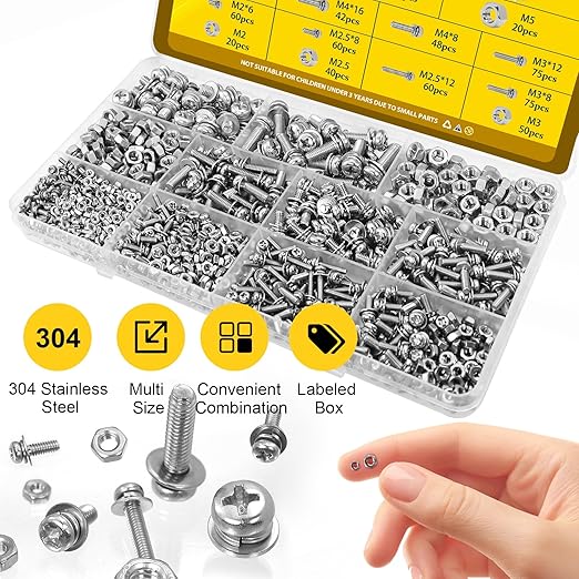 640PCS Machine Screws Assortment Kit, M2 M2.5 M3 M4 M5 Nuts and Bolts Assorted Set, 304 Stainless Steel Metric Combination Screw with Fixed Washers (All-in-One Design)