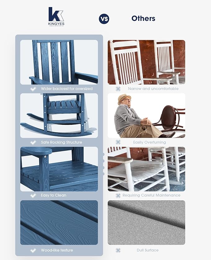 KINGYES Outdoor Rocking Chair, All-Weather Patio Rocking Chairs for Porch, HDPE Rocking Outdoor Chairs with High Back for Adult, Heavy Duty Outdoor Patio Rockers for Garden, Lawn, Blue