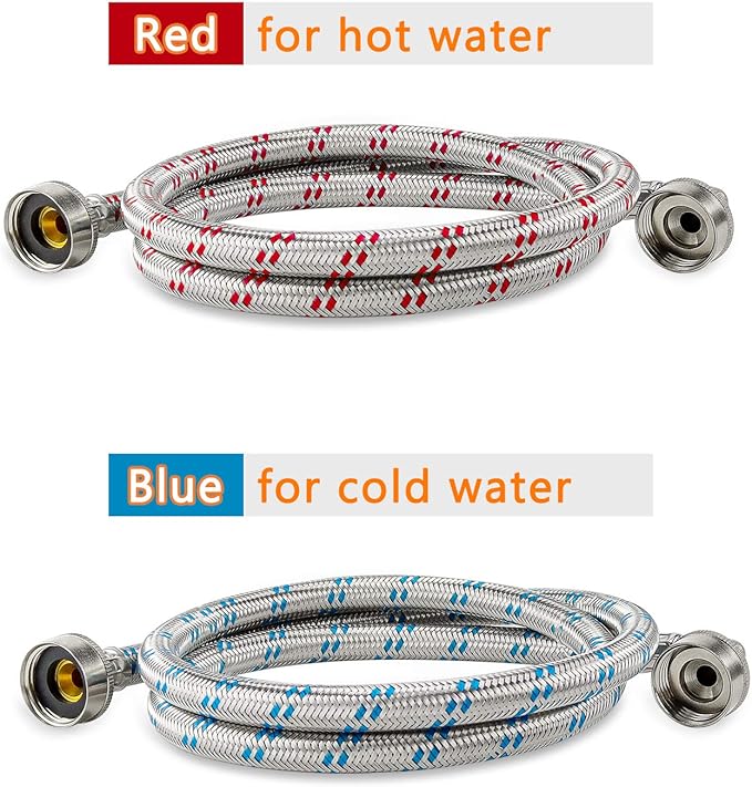 Cenipar Washing Machine Hoses 6 feet Premium Stainless Steel with 90 Degree Elbow, Burst Proof (cost-effective 2 pack) Red and Blue Striped Water Connection Inlet Supply Lines
