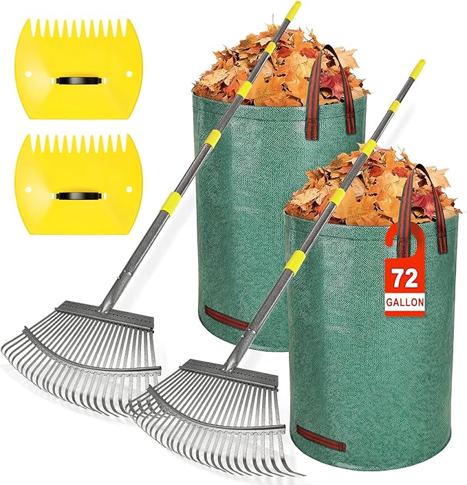 2 Pack Large 18" Wide Metal Leaf Rake, 25 Tines,73” Long Handle,Heavy Duty Graden Rakes Set for Lawn Yard Pine Needles Mulch Thatch Debris Cleanup Set with 2 Pack 72Gallon Leaf Bags and Scoops