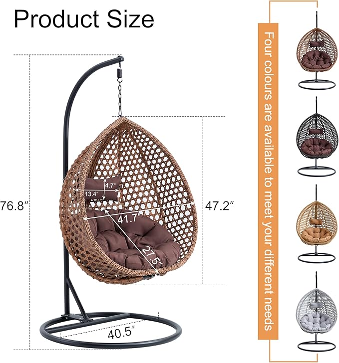 Hanging Egg Chair with Stand, Egg Swing Chair with Stand Indoor Outdoor, Brown Wicker Swing Egg Chair for Adults, Hammock Chair with Comfortable Cushion and Stable Round Metal Base for Bedroom Patio
