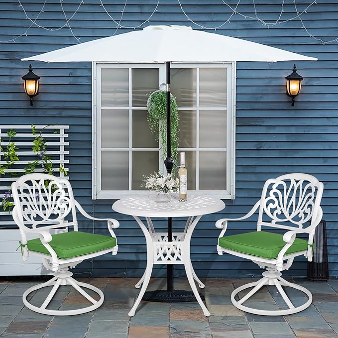 VIVIJASON 3-Piece Patio Furniture Dining Set, Outdoor All-Weather Cast Aluminum Bistro Set, Include 2 Swivel Chairs and 31" Round Table w/Umbrella Hole for Balcony, Lawn, Garden, Backyard, White