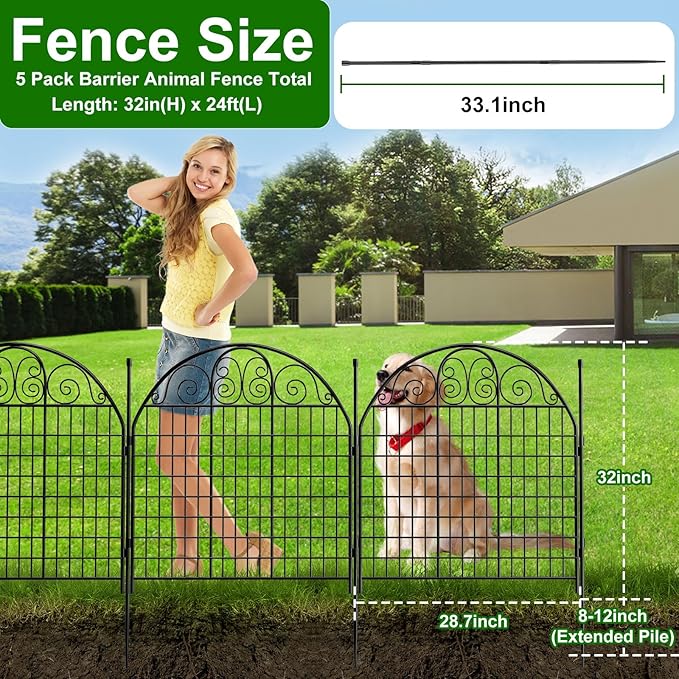 5 Panels No Dig Decorative Garden Fence with Gate, 32 in(H) X 12ft(L) Outdoor Dog Fence Animal Barrier, Rustproof Metal Wire Garden Fencing for Dogs, Rabbits, and Yard Patio Temporary