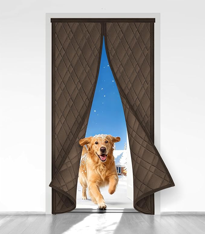 Magnetic Thermal Insulated Door Curtain, Fit Size up to 36 x 80 Inches, Thermal Door Curtain Filled with Thick Cotton to Keep Warm Winter, Doorway/Front/Back/Basement, Brown, Diamond