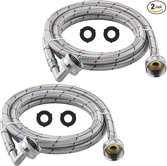6FT Washer Stainless Steel Hoses with 90 Degree Elbows - Burst Proof 3/4" FHT Standard Thread Hot and Cold Water Connection Inlet Supply Lines by AMI PARTS