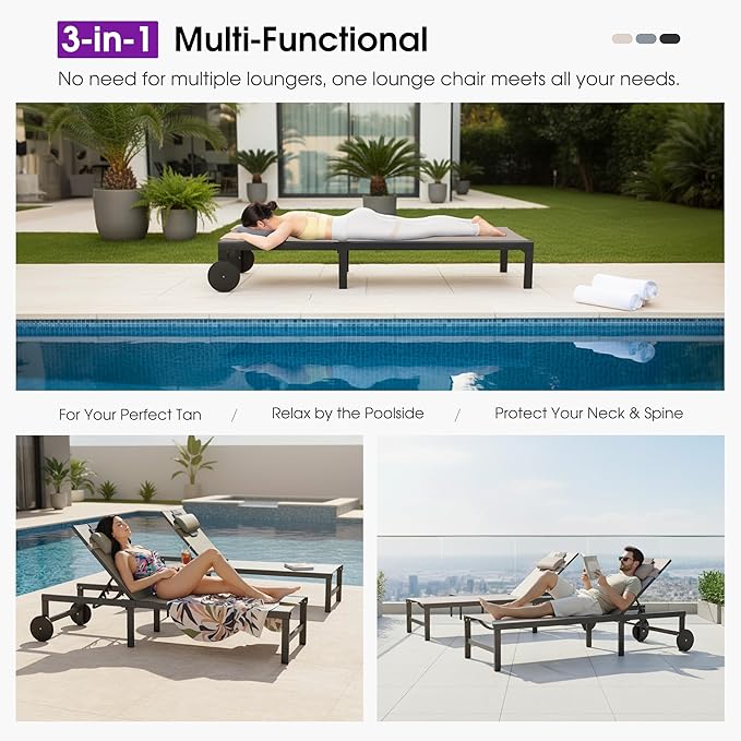 PURPLE LEAF Outdoor Tanning Lounge Chair Set with Face Hole Aluminum Adjustable Chairs Wheels Pillows and Table for Poolside Beach Patio Reclining Sunbathing Lounger Beige