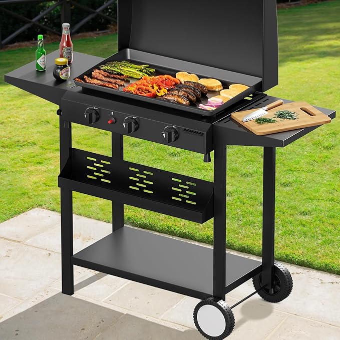 SKOK 3 Burners Outdoor Gas Griddle with Hood, Portable Flat Top Gas Grill-Table Top Propane Griddle Station with Side Shelves for Kitchen, Outdoor BBQ, Camping