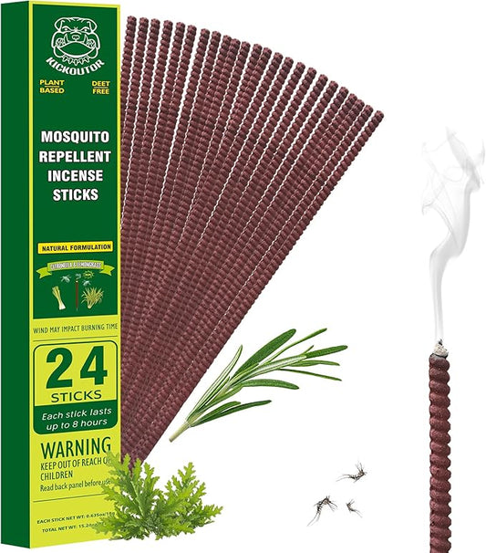 KICKOUTOR® Mosquito Incense Sticks with Natural Citronella Oil, 24 Count Indoor Outdoor Mosquito Repellent for Patio Camping Backyard, 8-Hour DEET-Free No-See-ums Bug Protection Each