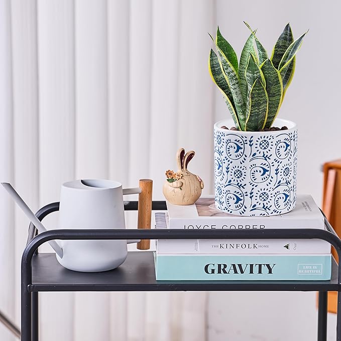 Ceramic Plant Pot for Indoor Plants, 6 Inch Boho Flower Pot with Drainage Holes, Modern Planter for Home & Office Decor(Blue)