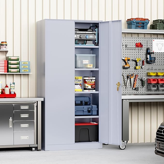 Greenvelly Metal Storage Cabinet with Doors and Shelves, 72'-Inch Locking Metal Cabinet for Garage, Office, School, Warehouse (Dark Gray)