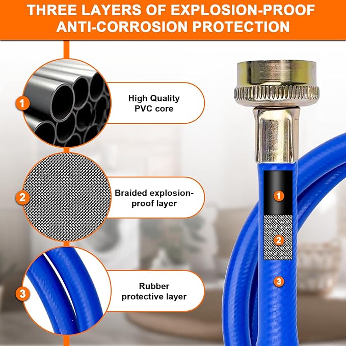 Cenipar 4FT Rubber Washing Machine Hoses Burst Proof 2 Pack For Hot and Cold Water 3/4" NPT Connection Water Supply Lines Fit for ALL Washing Machine