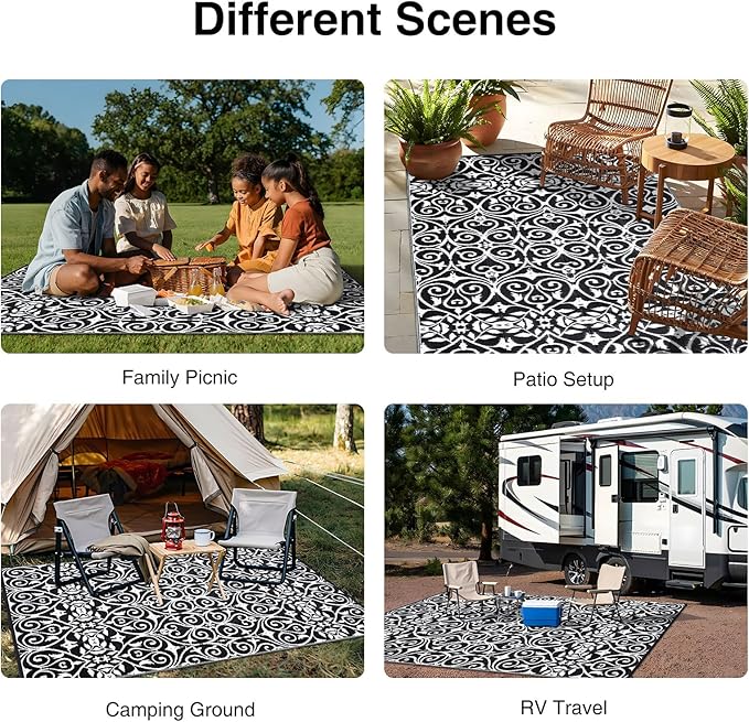 OLANLY Outdoor Rug Waterproof 6x9 ft Clearance, Reversible Outdoor Plastic Straw Rug with Floral Pattern, RV Mat for Patio, Camping, Balcony, Deck, Backyard, Black & White