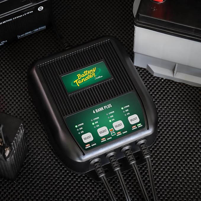 Battery Tender Plus 4 Bank Multibank Charger - 5 AMP (1.25 AMPs Per Bank) - Smart 12V Multi Battery Charger and Maintainer for Standard, AGM, and Lithium LiFePO4-022-0148-DL-WH