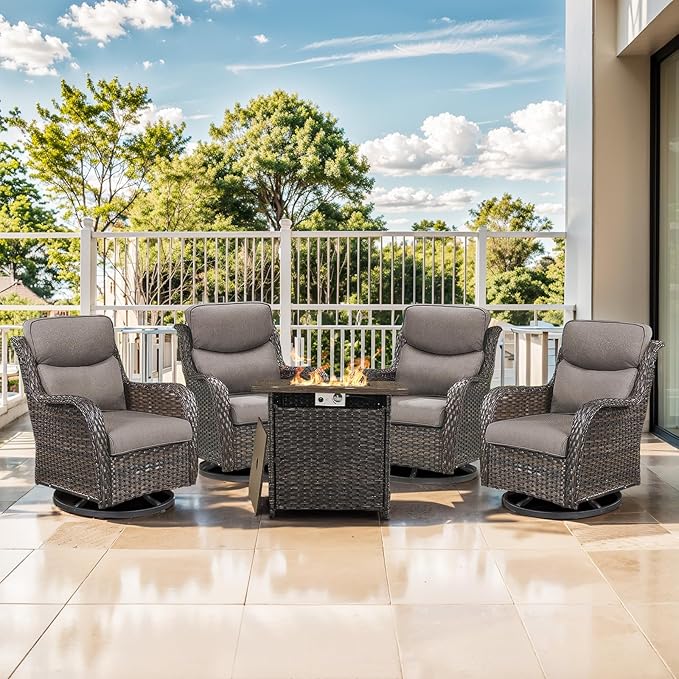 Outdoor Swivel Rocker Patio Chairs Set of 4 with Fire Table - 5" Thick Cushion 5 Piece Furniture Set with Fire Pit Table All Weather Wicker Conversation Set for Porch Deck - Brown/Gray