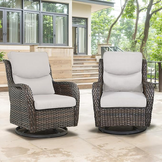 Swivel Patio Chairs Set of 2 with 5" Thick Cushion - Wicker Outdoor Swivel Rocker Patio Chairs, High Back Comfortable Outdoor Glider Chair for Balcony, Porch, Deck, Poolside - Brown/Beige