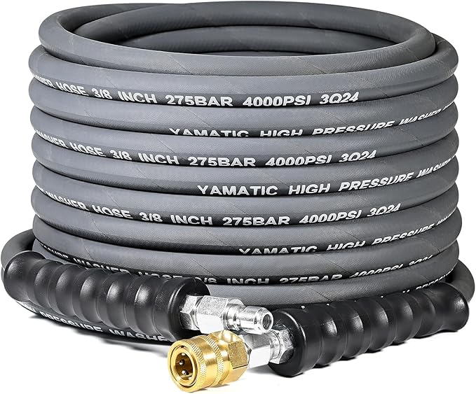 YAMATIC Pressure Washer Hose 50 FT, 3/8" Non-Marking Hot Water Use, 4000 PSI Steel Wire Braided Rubber Jacket – Replacement Power Washer Hose for Commercial Use