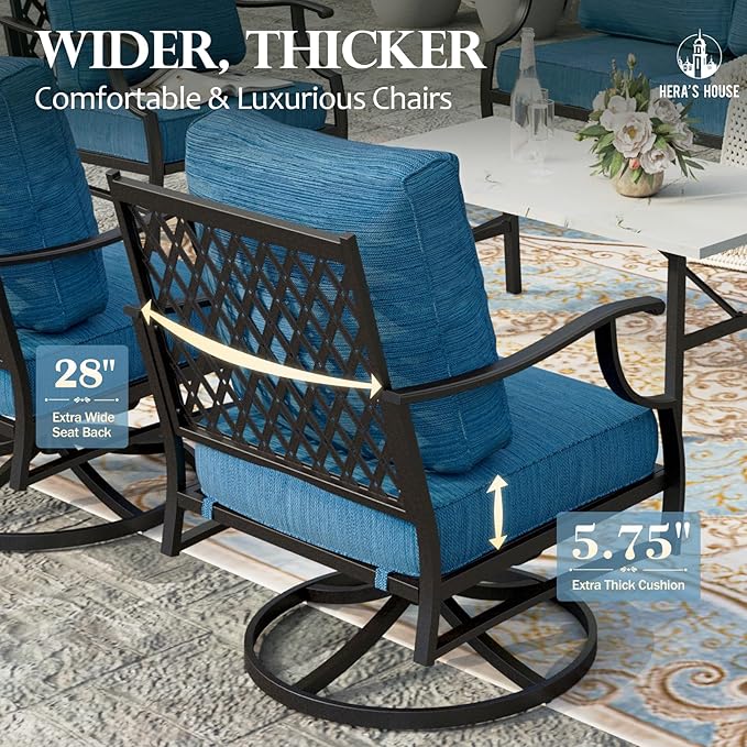 HERA'S HOUSE Outdoor Chairs Set of 2, 2 x Patio Chair with Pacific Blue Cushions, All Weather Outdoor Furniture for Lawn Garden Backyard Deck(Swivel Chairs)