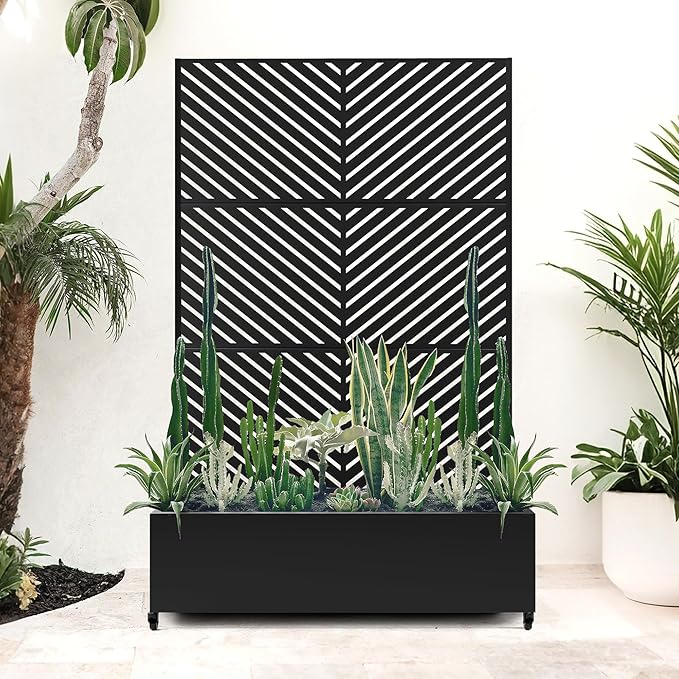 Large Metal Raised Garden Beds with Privacy Screen, Standing Planter Box with Trellis & Wheels for Outdoor Climbing Plants, Garden Boxes with Drainage Holes for Patio (47"L, Black Parallel)