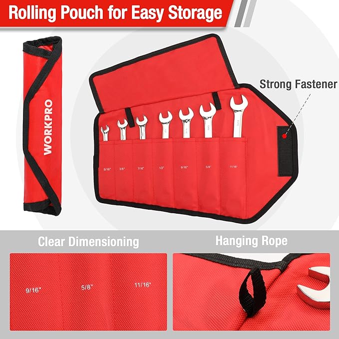 WORKPRO 7-Piece Ratcheting Combination Wrench Set, 72 Teeth, Cr-V Constructed, Combo Ratchet Wrenches Set with Roll Up Pouch, SAE 5/16"-11/16"