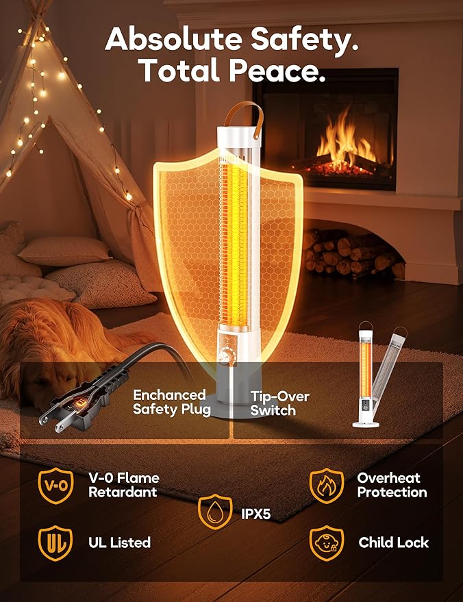 Outdoor Heater for Patio, 1500W Electric Infrared Heaters for porch garage indoor use, 9H Timer, 60° Oscillation & 9 Heat Level, Tip-Over/Overheating Protection, Safety Lock, Super Quiet, IPX5, Snowy