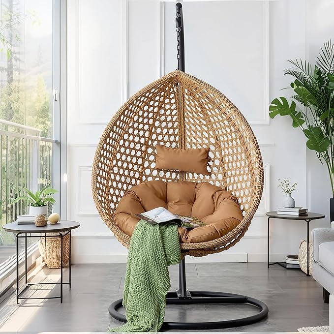 Hanging Egg Chair with Stand, Egg Swing Chair with Stand Indoor Outdoor,Yellow Wicker Swing Egg Chair for Adults, Hammock Chair with Comfortable Cushion and Stable Round Metal Base for Bedroom Patio