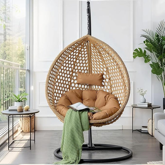Hanging Egg Chair with Stand, Egg Swing Chair with Stand Indoor Outdoor,Yellow Wicker Swing Egg Chair for Adults, Hammock Chair with Comfortable Cushion and Stable Round Metal Base for Bedroom Patio