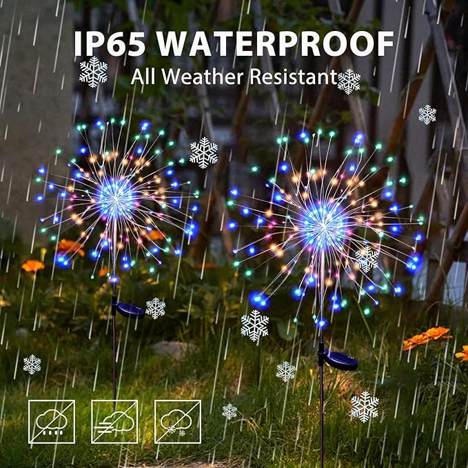 Christmas Solar Garden Lights for Outdoor Decor, Waterproof 2 Pack Solar Powered Firework Stake 120 LED Sparklers String Lights for Yard Pathway Halloween Christmas Decorations(Colorful)