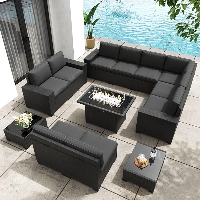 Patio Furniture Set with Fire Pit Table, 13 Pieces Outdoor All-Weather Wicker Conversation Sectional Chair Sofa Set