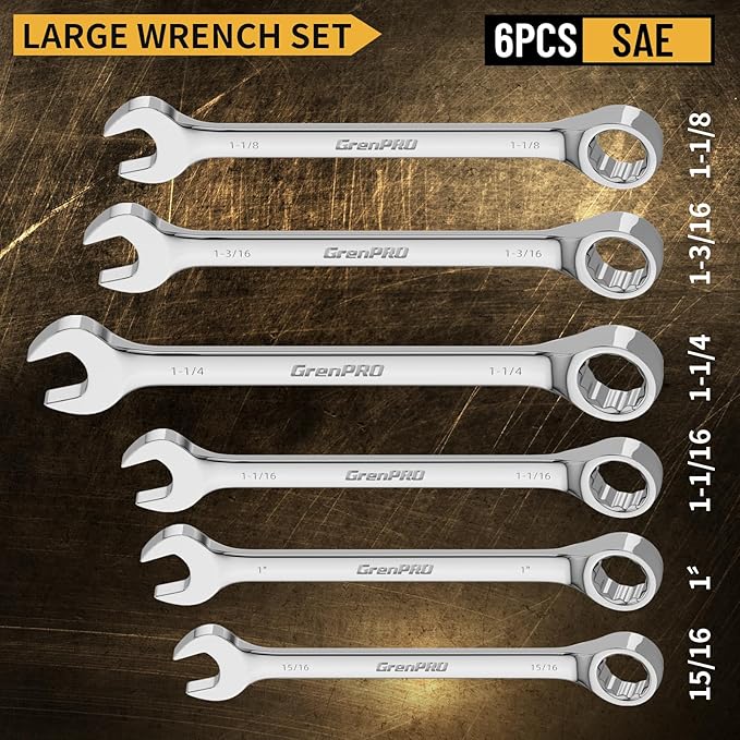 SAE Wrench Set, Large Wrench Set, 7-Piece 15/16", 1", 1-1/16", 1-1/8", 1-3/16", 1-1/4" Long Big Open End Wrench Tools Set Roll Up Pouch Organizer with Gauge, 12 Point Combination Wrenches Sets
