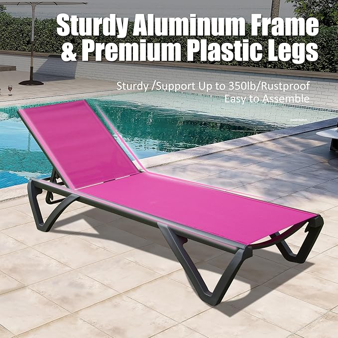 Domi Pool Lounge Chairs, Aluminum Patio Chaise Lounge with Side Table, Wheels, 5 Position Adjustable, All Weather Outdoor Lounge Chairs for Beach, Yard, Balcony, Poolside, Pink