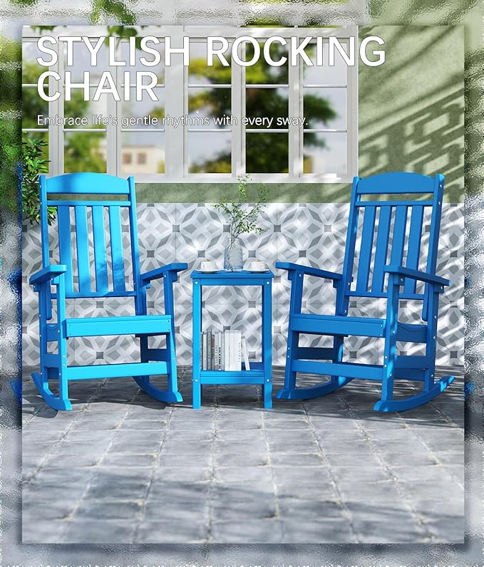 FOOWIN Outdoor Rocking Chair Set of 6, High Back Patio Rocking Chair, HDPE All Weather Resistant Porch Rocker for Adult, Oversized Rocking Chairs for Garden, Lawn, Indoor & Outdoor Use, Pacific Blue