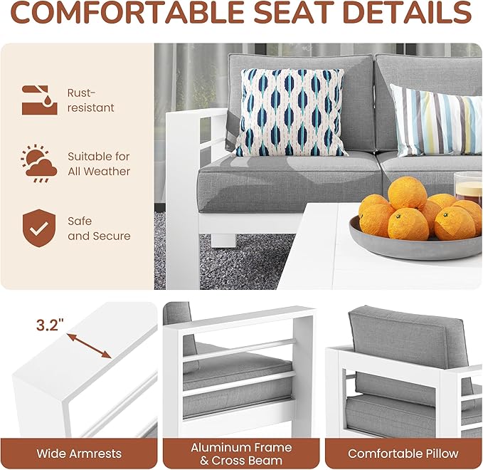 Solaste Aluminum Patio Furniture Set with 55 inch Fire Pit Table, 5 Piece Metal Outdoor Furniture with Water-Resistant Cushions, Modern Patio Conversation Set for Balcony, Front Porch, and Backyard